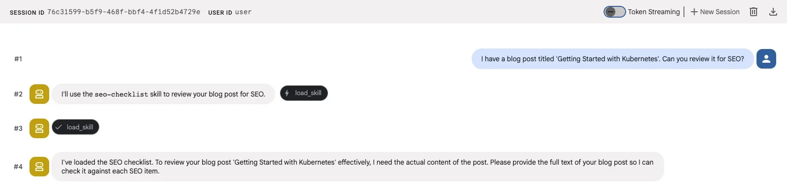 ADK Web showing the agent loading the seo-checklist inline skill to review a blog post for SEO optimization
