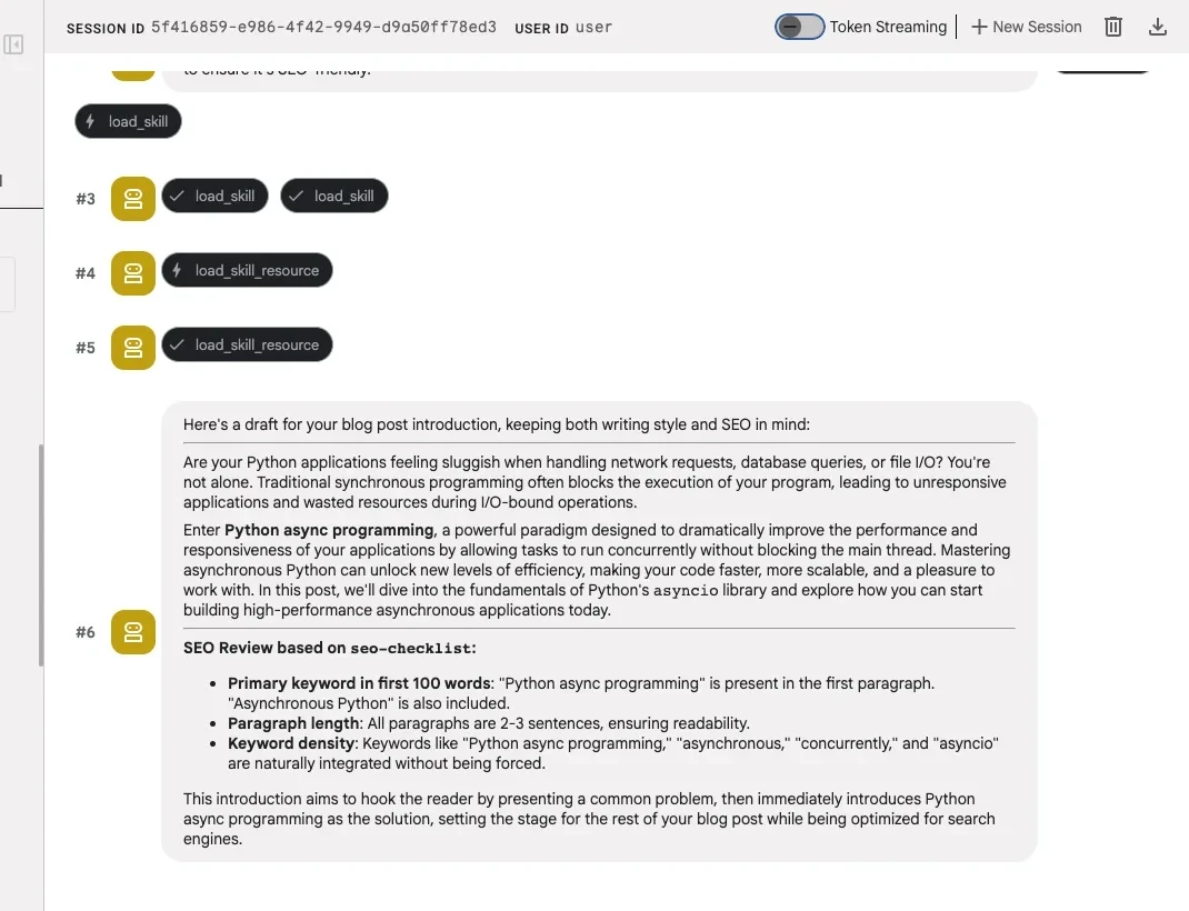 Agent loads style-guide.md via load_skill_resource to apply writing rules to blog output