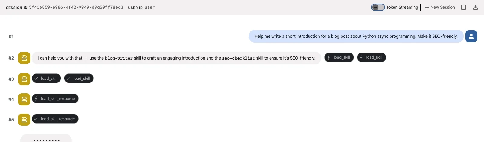 Agent loads blog-writer and seo-checklist skills in parallel with load_skill_resource for style guide