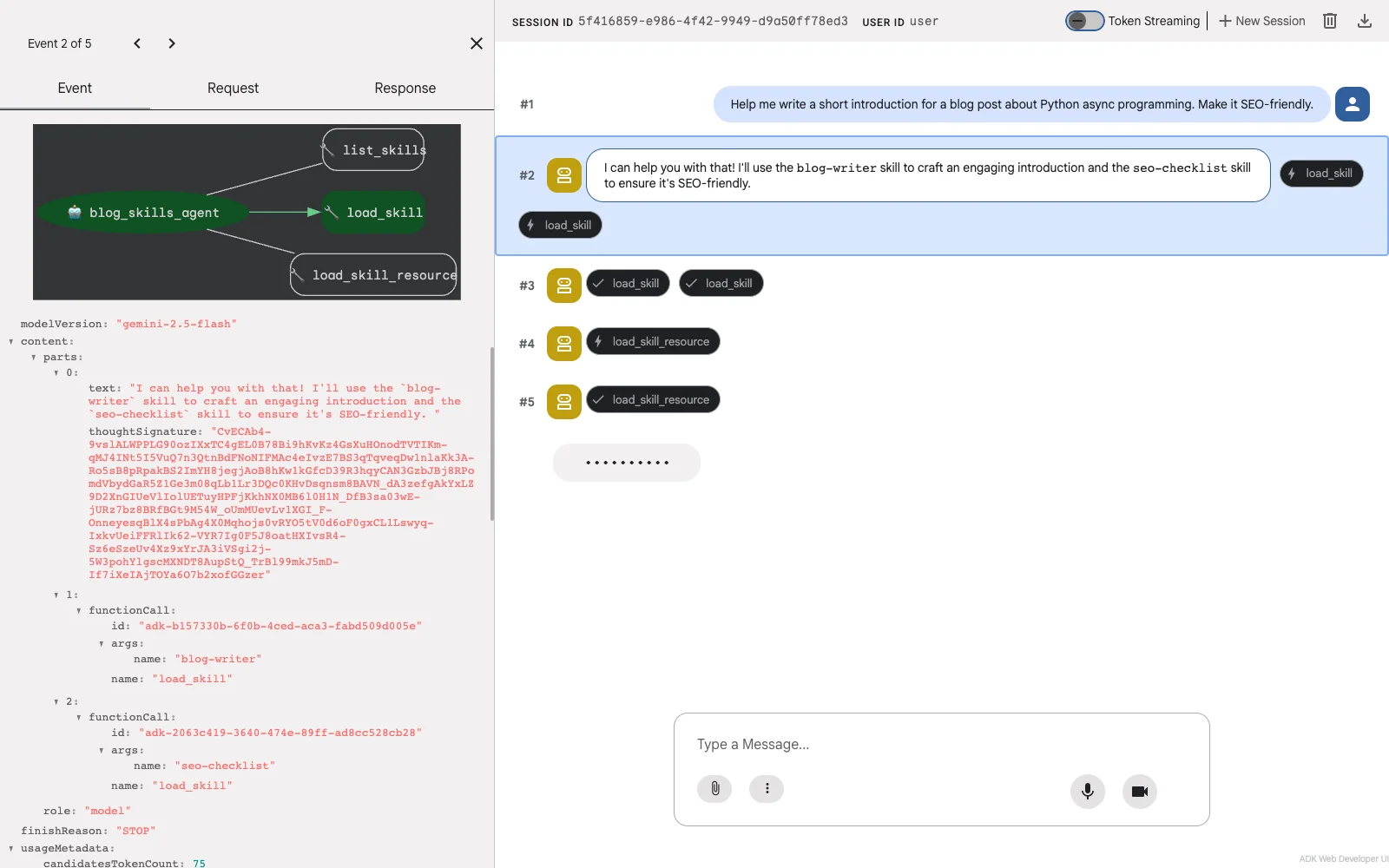 Agent graph showing blog_skills_agent with the three auto-registered SkillToolset tools and function call details
