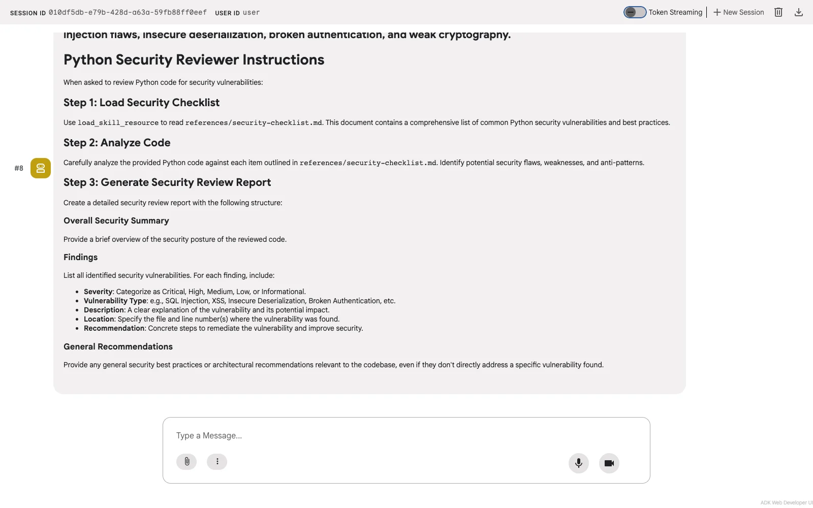 Agent generates a python-security-review SKILL.md with frontmatter, instructions, and references